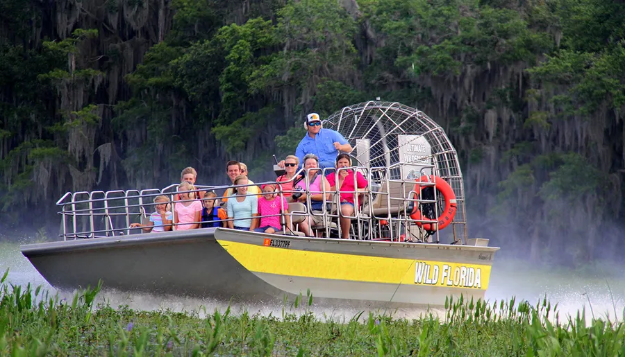 A group of tourists enjoys an airboat tour through a scenic wetland area draped with Spanish moss.