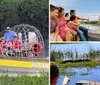 An airboat with passengers is gliding through a sunny and lush wetland