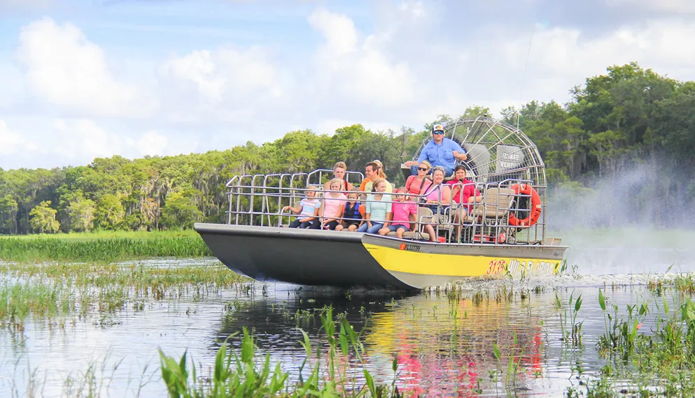 An airboat with passengers is gliding through a sunny and lush wetland