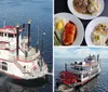 A traditional paddlewheel riverboat is cruising on calm waters under a clear sky