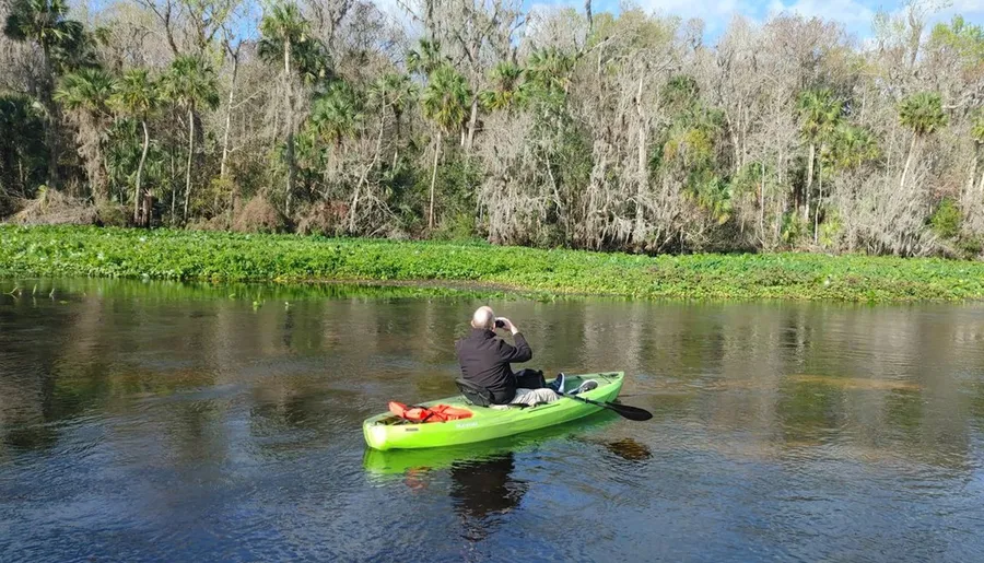 A person in a green kayak is photographing or observing the natural river surroundings.