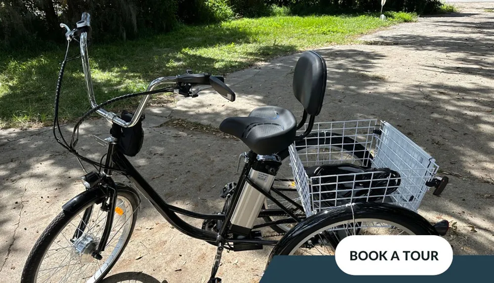 The image shows an electric bicycle with a rear cargo basket parked on a leafy path with a button overlaid on the photo that suggests viewers can book a tour