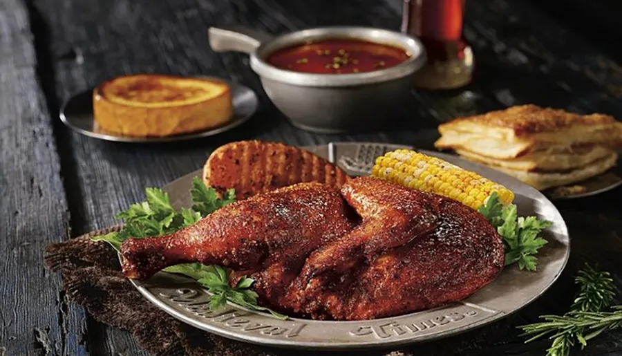 A seasoned whole chicken is presented on a metal platter alongside grilled corn on the cob, with side dishes and a sauce in the background, set on a rustic wooden table.