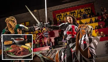 The image depicts a staged medieval jousting scene between two armored individuals on horseback in front of an audience, alongside an inset photo of roasted poultry with accompaniments, representing a themed dining experience.