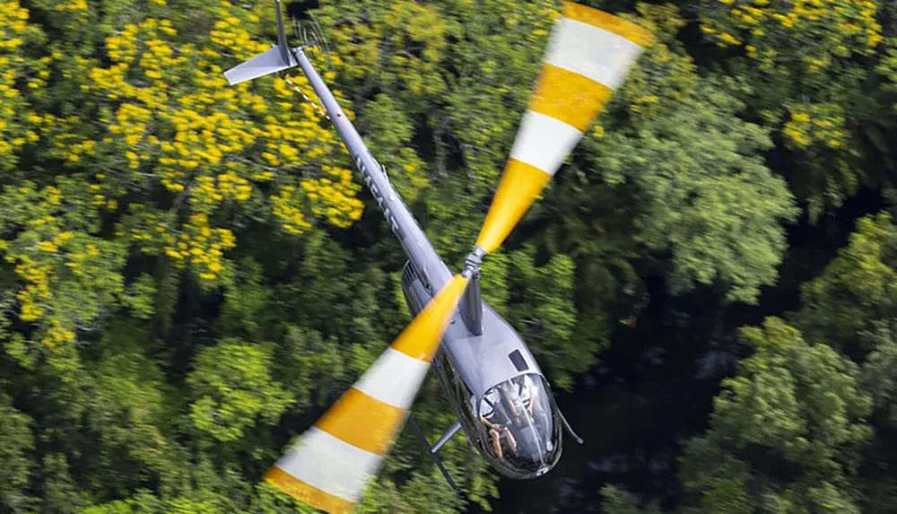 A helicopter is flying over a dense green forest dotted with yellow flowers