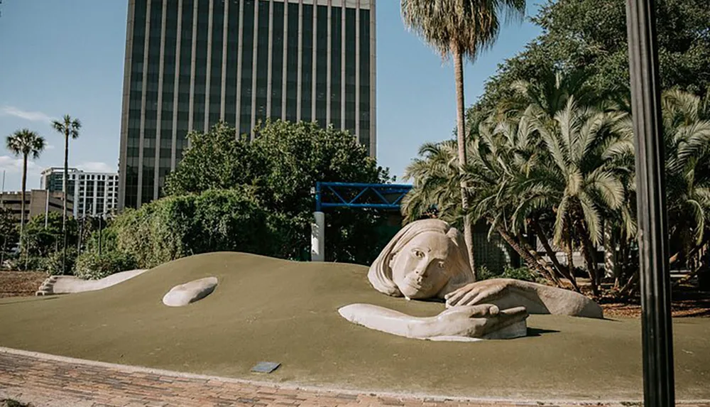 The image shows a large outdoor sculpture depicting a giant womans head and partial arms emerging from the ground in a park with palm trees and a skyscraper backdrop