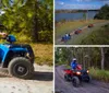 A person wearing a helmet is riding a blue ATV on a sandy trail surrounded by trees