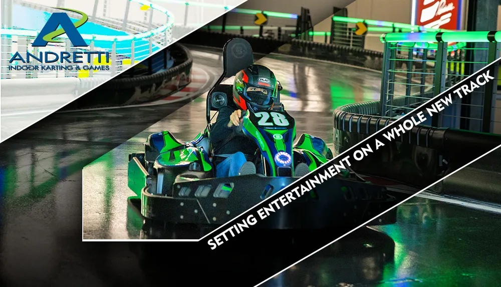A person is driving a go-kart on an indoor track under the branding of Andretti Indoor Karting  Games with the slogan Setting entertainment on a whole new track
