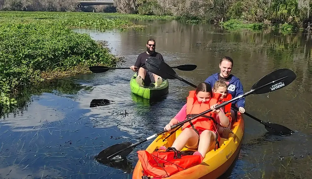 A family is kayaking on a calm river surrounded by greenery