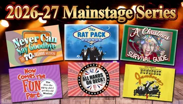 This image showcases promotional graphics for the 2026-27 Mainstage Series, featuring six different theater productions.