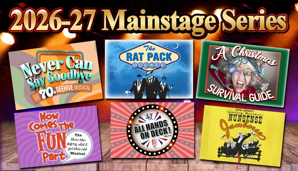 This image showcases promotional graphics for the 2026-27 Mainstage Series featuring six different theater productions