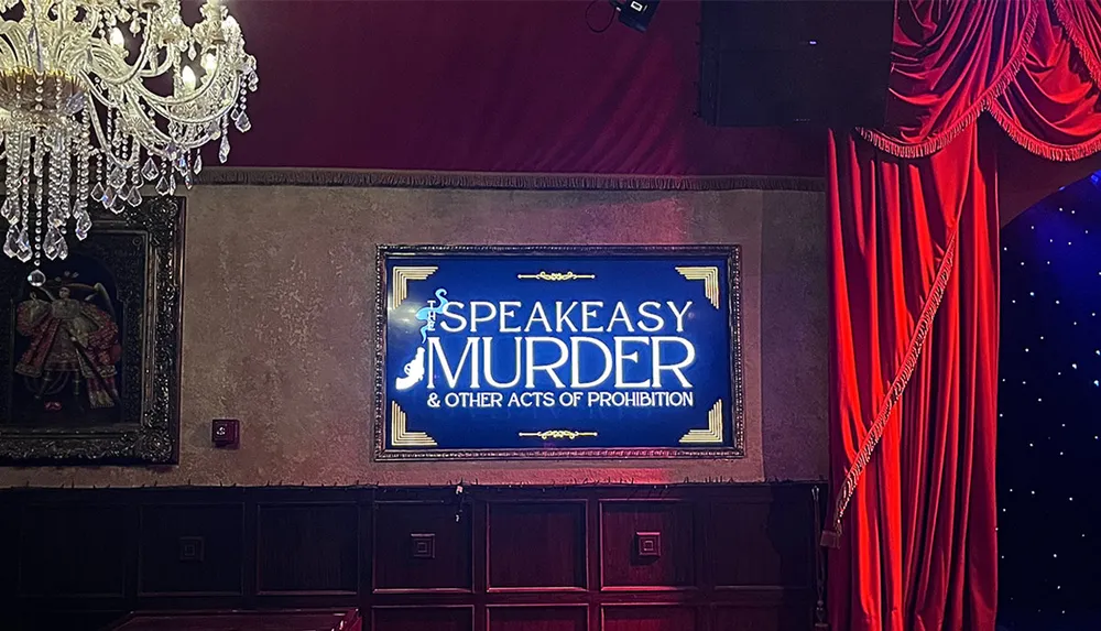 The image features a vintage-themed sign that reads Speak Easy Murder  Other Acts of Prohibition displayed on a wall with ornate decorations and red curtains