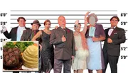 Seven people dressed in vintage formal attire stand in front of a height chart backdrop.