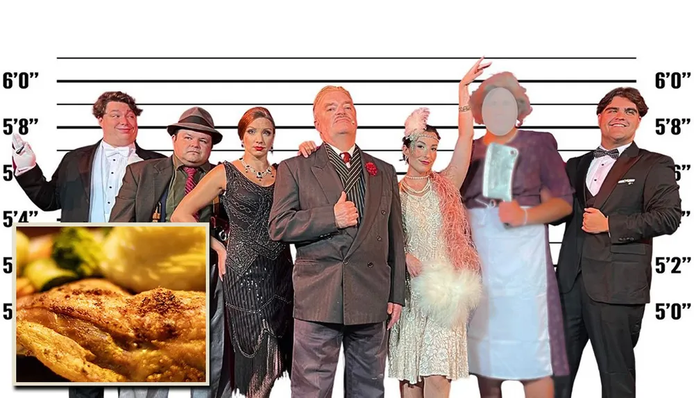 Seven people dressed in vintage formal attire stand in front of a height chart backdrop
