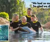 A family is enjoying an interactive experience with a dolphin at Discovery Cove accompanied by a quote expressing their enjoyment