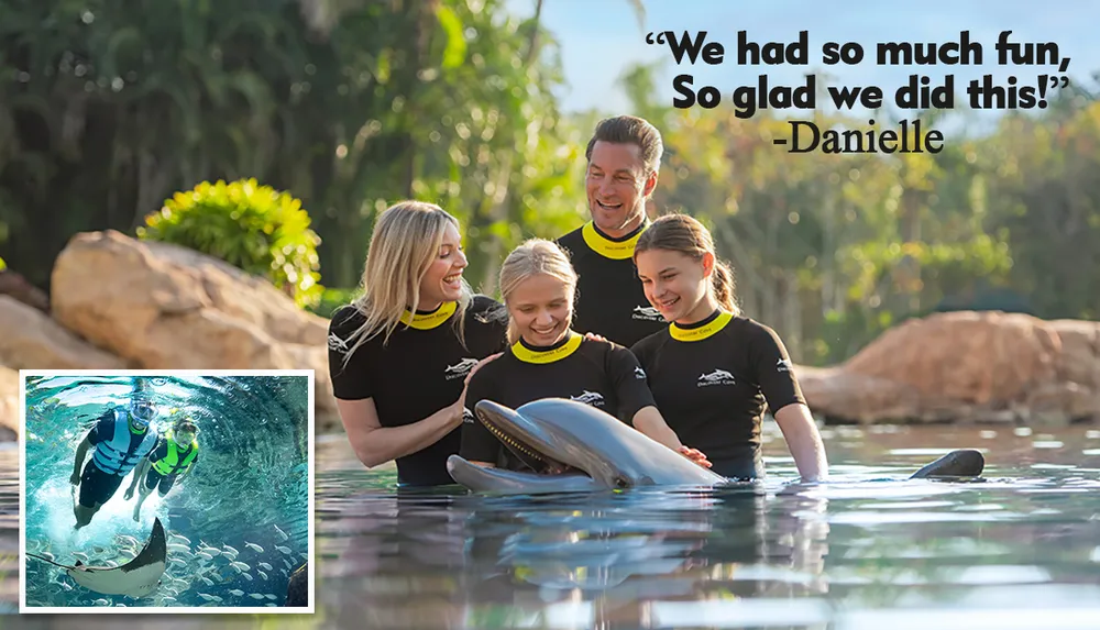 A family is enjoying an interactive experience with a dolphin at Discovery Cove accompanied by a quote expressing their enjoyment
