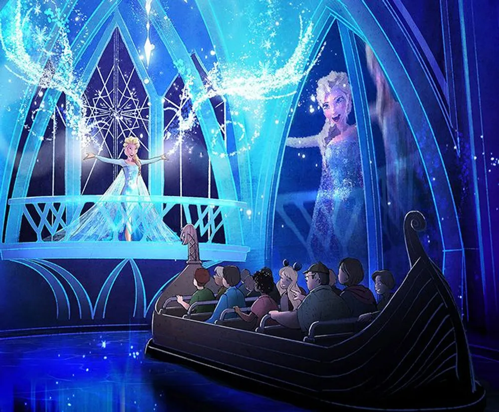 The image depicts an animated scene where visitors in a boat are watching an ice-themed performance by an animated character with magical sparkles surrounding her