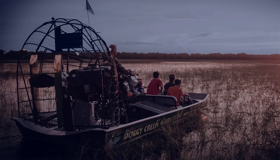 An airboat carrying passengers glides through a wetland area at twilight.