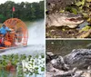 A group of people are joyfully waving while riding an airboat through a waterway with lush greenery on the sides