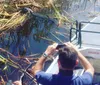 A group of people are joyfully waving while riding an airboat through a waterway with lush greenery on the sides