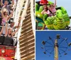 Thrilled passengers with raised arms are experiencing a steep drop on a wooden roller coaster under a clear sky