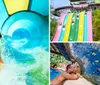 A person is smiling and enjoying a ride on a yellow inner tube down a vibrant blue water slide