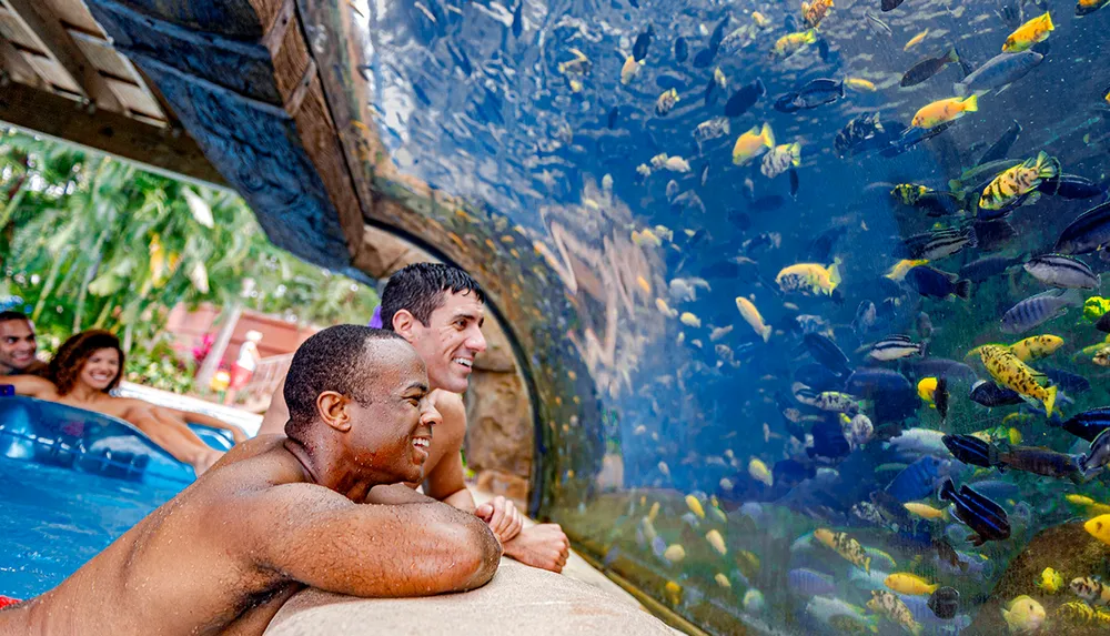 People are enjoying an underwater view of a colorful array of fish in what appears to be an aquarium tunnel