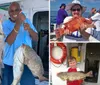 Two smiling men are posing on a boat each holding up a large fish they seemingly caught