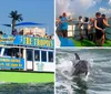 A dolphin is playfully leaping out of the water creating splashes around it