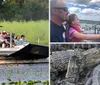 A group of tourists enjoy a ride on an airboat likely in a swamp or marshland with one person excitedly raising their hand