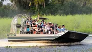 A group of tourists enjoy a ride on an airboat, likely in a swamp or marshland, with one person excitedly raising their hand.
