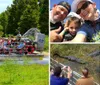 A group of tourists is enjoying a ride on an airboat in a lush wetland environment