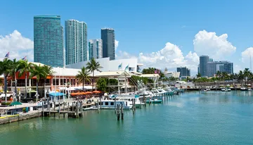 The image shows a vibrant waterfront area with boats docked in a marina, palm trees, and modern skyscrapers in the background under a clear blue sky.