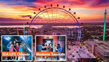 The image showcases a vibrant sunset skyline with a large observation wheel, promotional insets for SEA LIFE Orlando Aquarium and Madame Tussauds, and people enjoying attractions.