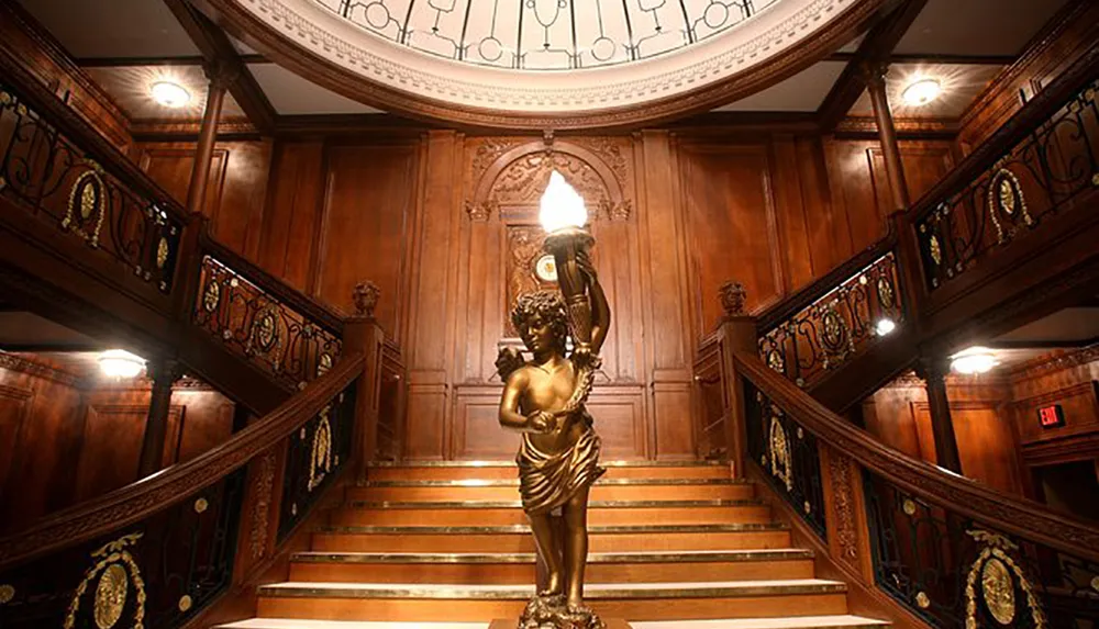 An ornate bronze statue of a figure holding a lamp stands at the base of a grand wooden staircase with detailed craftsmanship