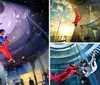 Two people are indoor skydiving in a vertical wind tunnel seemingly enjoying an exhilarating flying experience