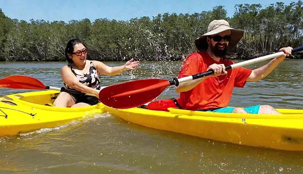 Two people are cheerfully kayaking together in a sunny calm river setting