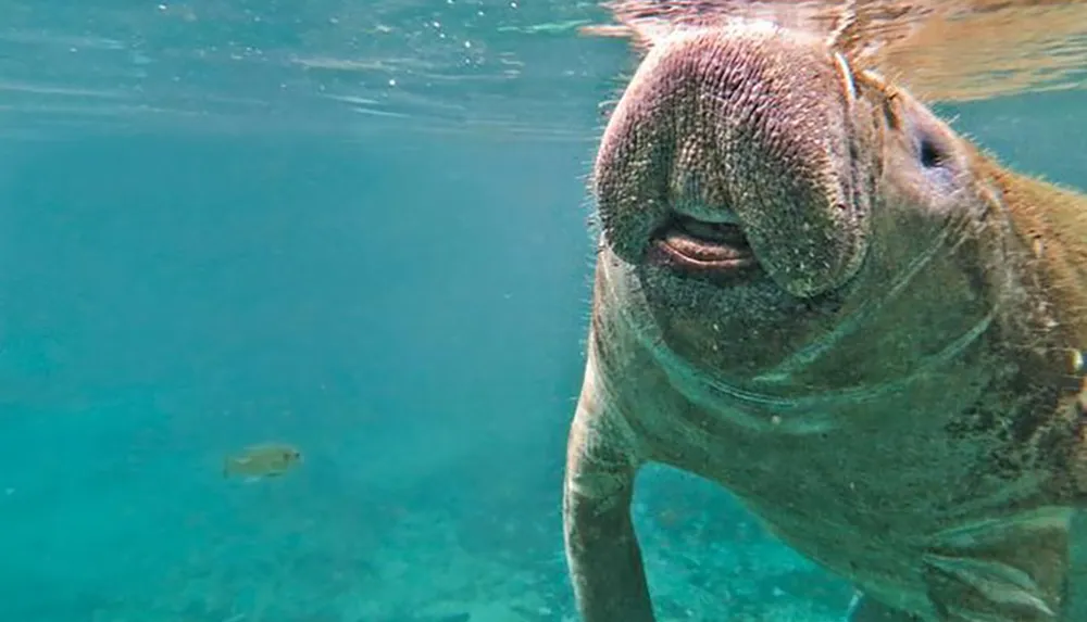 A close-up underwater image featuring a manatee facing the camera with a slightly open mouth set against a clear and serene blue water background