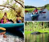 Two people are smiling and posing with peace signs while kayaking together in a verdant river setting