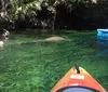 Two people are smiling and posing with peace signs while kayaking together in a verdant river setting