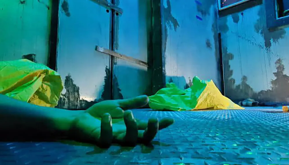 A surreal scene featuring a human hand protruding from the floor with crumpled yellow material nearby set in a dimly lit room with a diamond-patterned floor and condensation on the windows