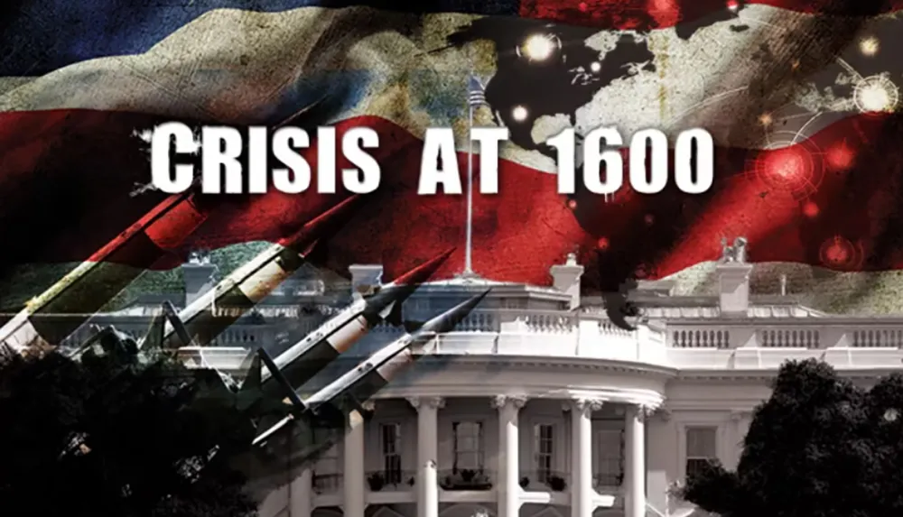 The image features an artistic depiction with the text CRISIS AT 1600 overlaid on a stylized American flag and an image of the White House suggesting a theme of political or national emergency