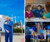 An individual in a NASA astronaut suit is leaning over a table to interact with smiling people seated around it