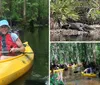 Two people are smiling while kayaking together on a calm river surrounded by greenery