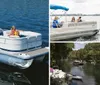 A group of people are enjoying a sunny day on a pontoon boat cruising on a calm body of water