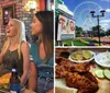 A group of friends are enjoying a lively moment at a sports bar with some dressed in sports team apparel sharing food drinks and laughter