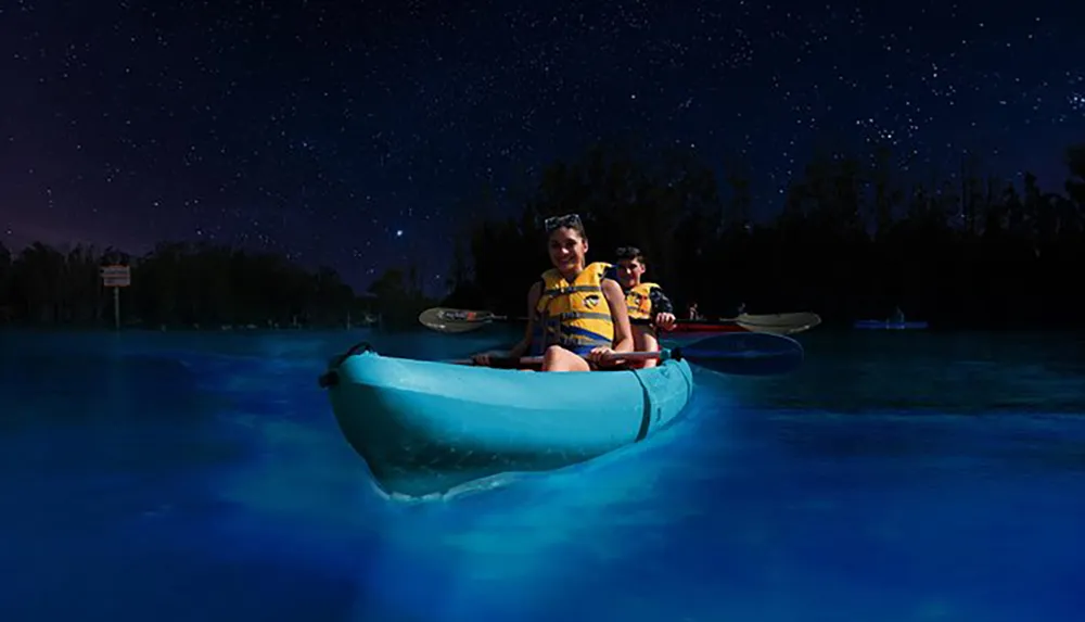 Two people are kayaking at night on a bioluminescent bay under a starry sky