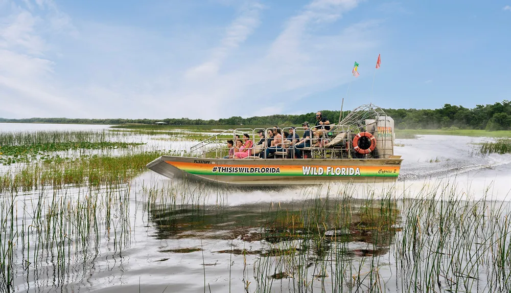 An airboat carrying passengers glides through a marshy landscape with the text THISISWILDFLORIDA painted on its side