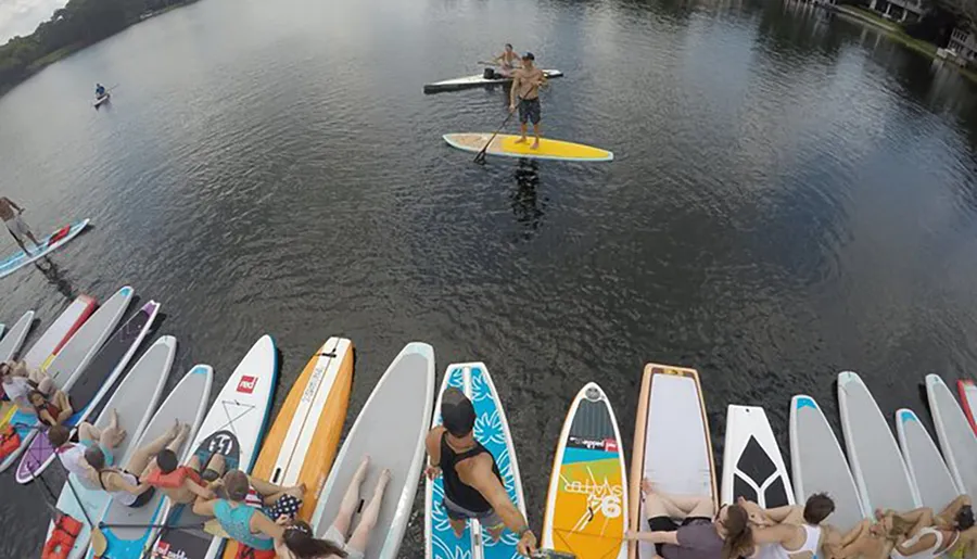 A group of people is participating in a stand-up paddleboarding yoga class on a tranquil body of water.