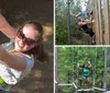 Three people are climbing a tall wooden structure outdoors secured with harnesses and ropes displaying expressions of enjoyment and adventure